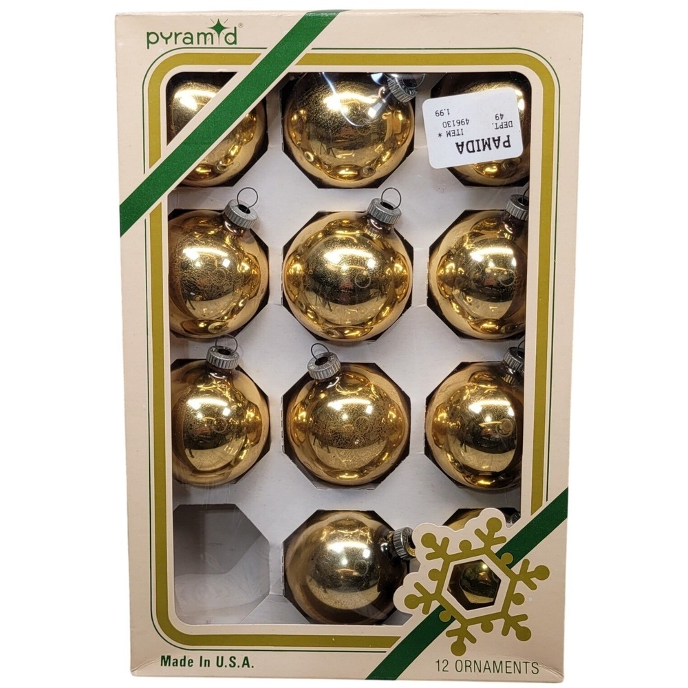 11 Gold Shiny Brite Christmas Tree Ornaments Made USA Christmas Pyramid Box MCM